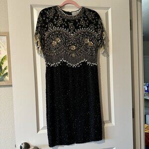 Vintage Destinee Beaded 100% Silk Formal Dress Size 8 Gold Black EUC